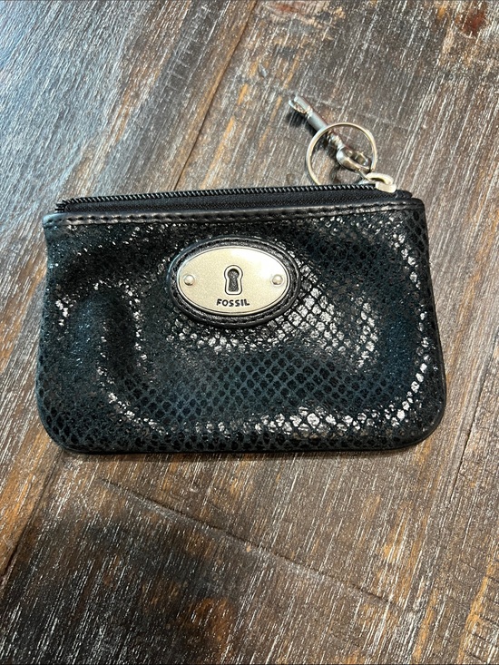 Fossil Accessories - Fossil Black Snake-Embossed Zip Key Coin Pouch with Silver Hardware
